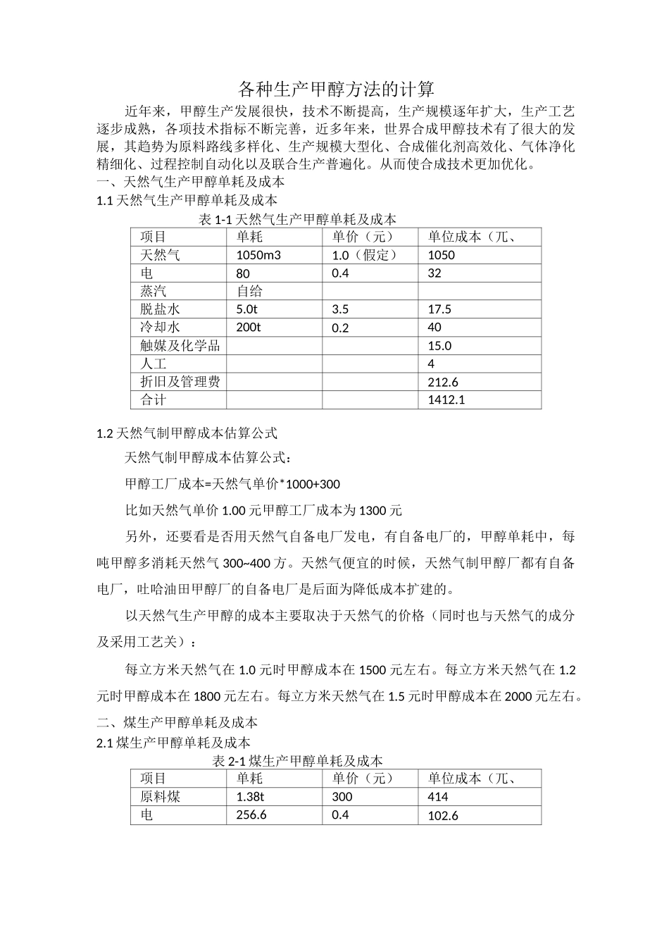 各种生产甲醇方法的计算模板_第1页