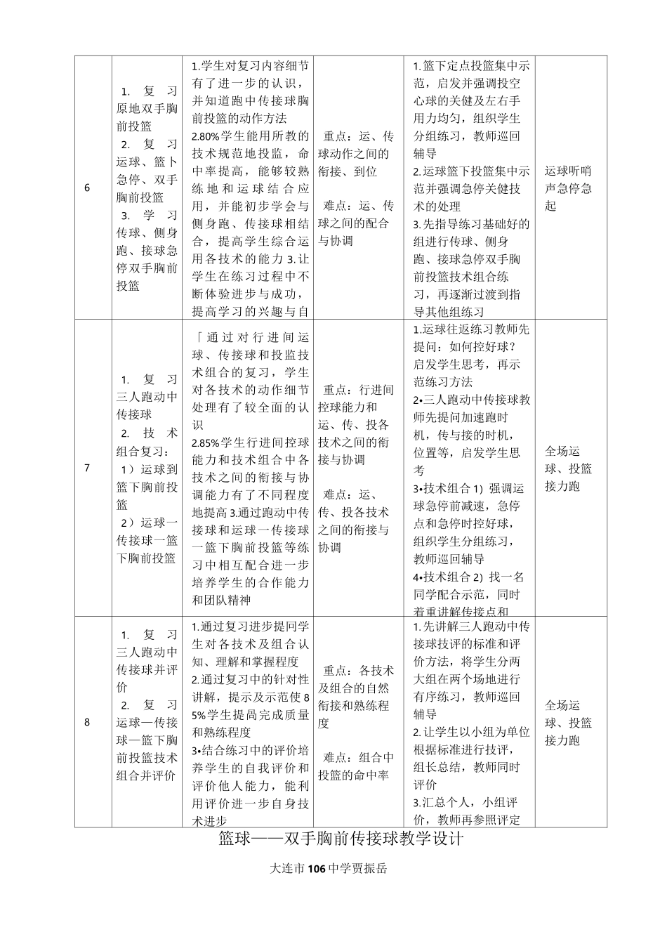 篮球——双手胸前传接球 课时计划 单元计划_第3页