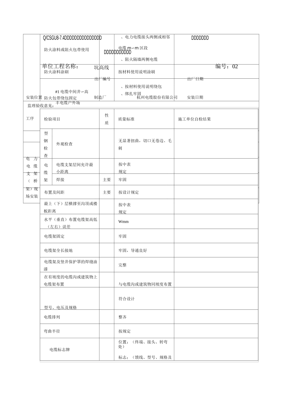 电缆敷设和电缆支架(桥架)安装 及电缆防火封堵分项工程质量验收记录表_第3页