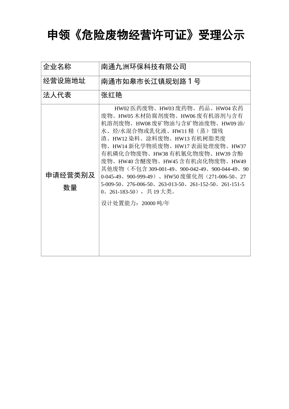 南通九洲环保科技有限公司申请《危险废物经营许可证》受理公示_第1页