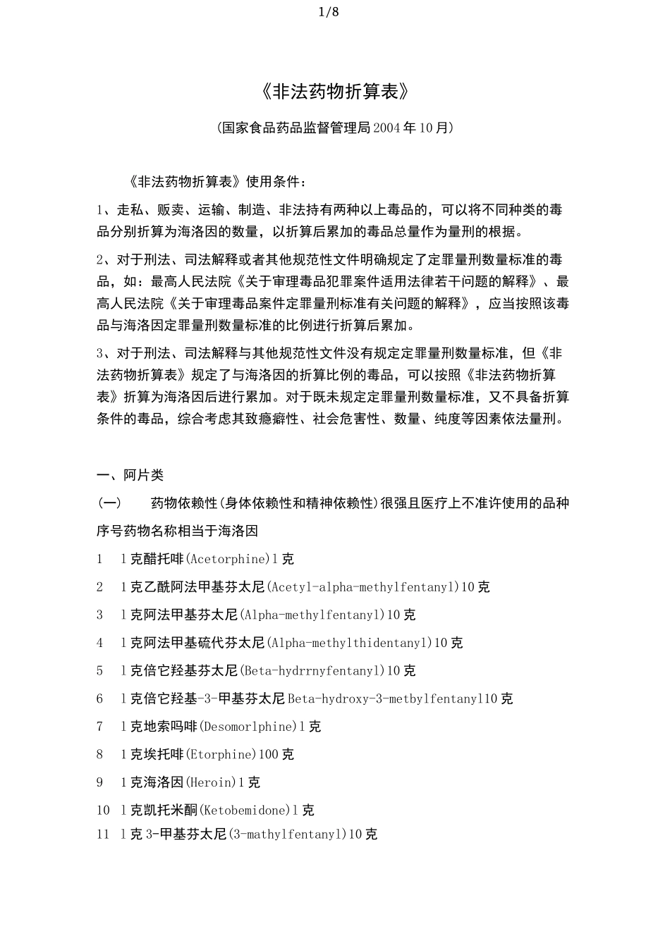 《非法药物折算表》_第1页
