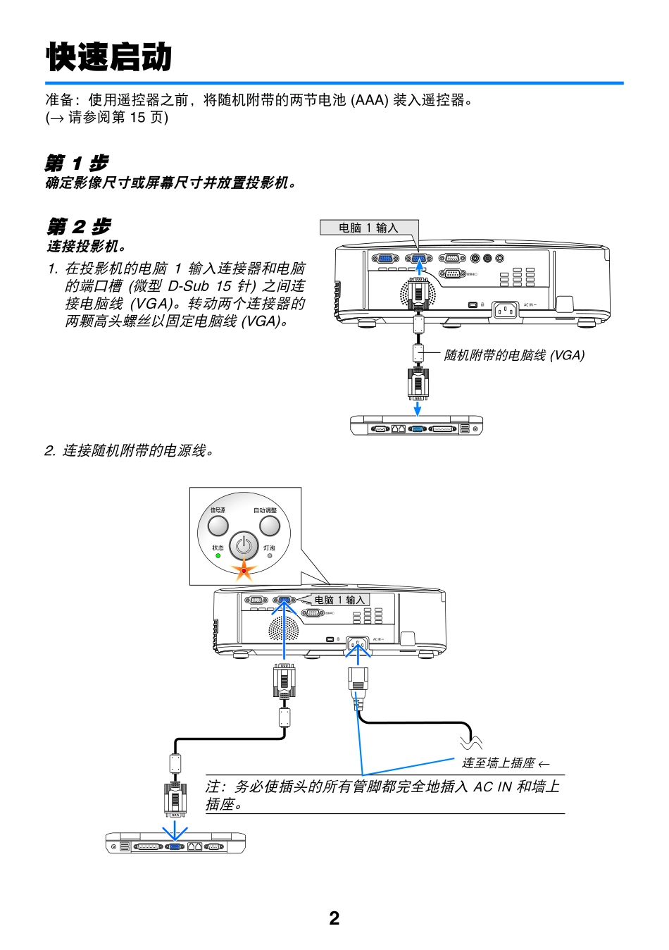 NEC ME360X 投影机快速参考手册_第2页
