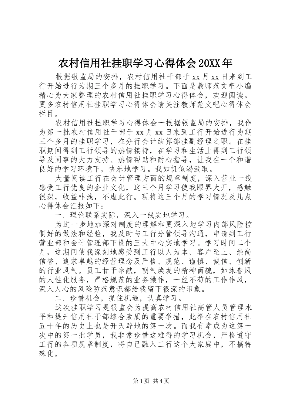 农村信用社挂职学习心得体会20XX年_第1页