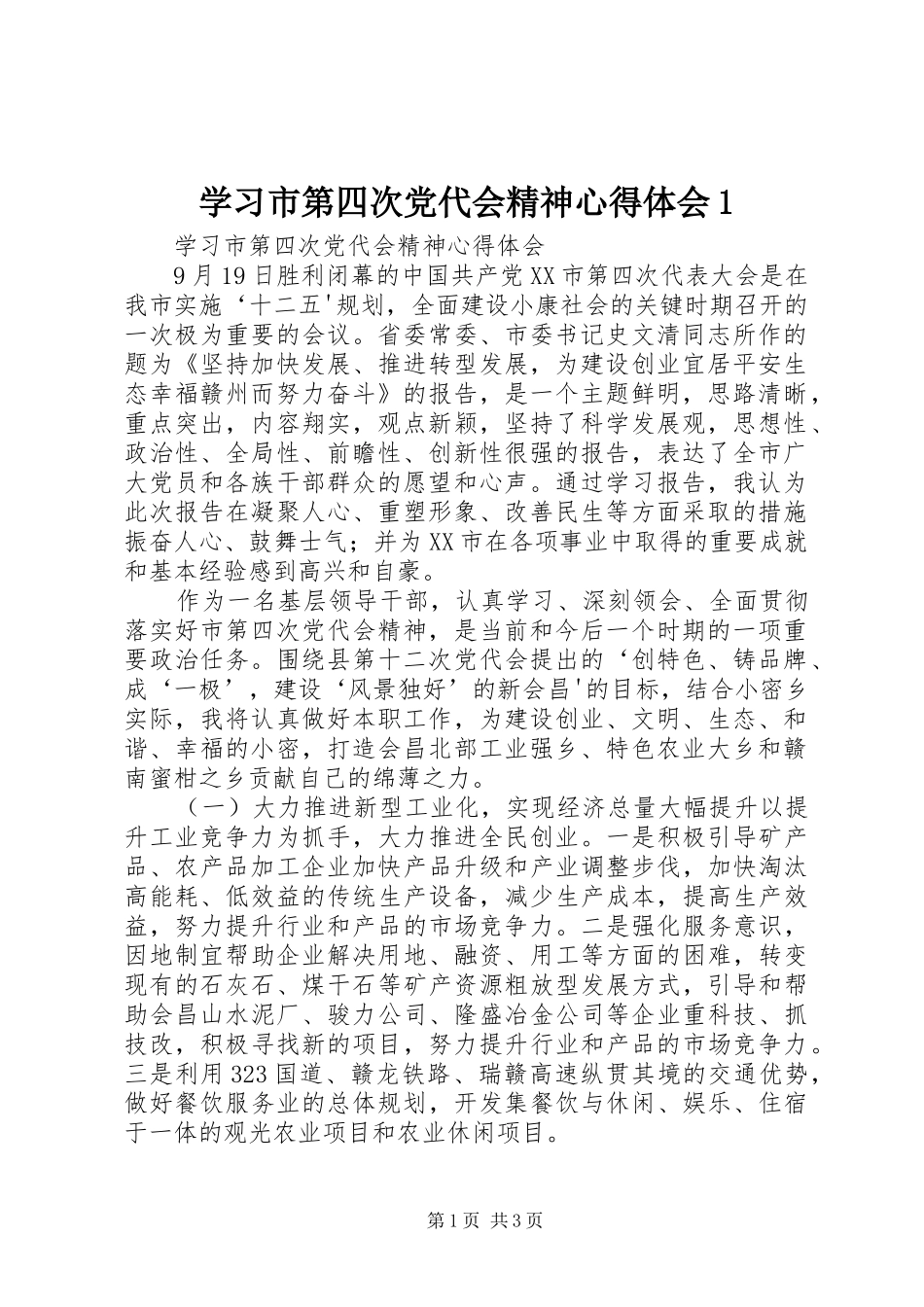 学习市第四次党代会精神心得体会1_第1页