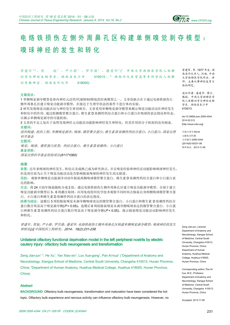 电烙铁损伤左侧外周鼻孔区构建单侧嗅觉剥夺模型：嗅球神经的发生和转化_第1页