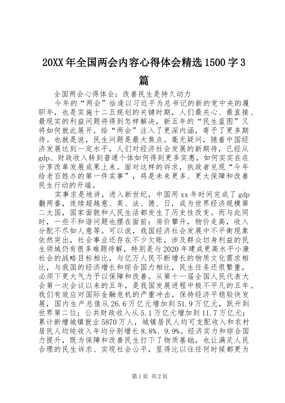 20XX年全国两会内容心得体会精选1500字3篇 (3)_第1页