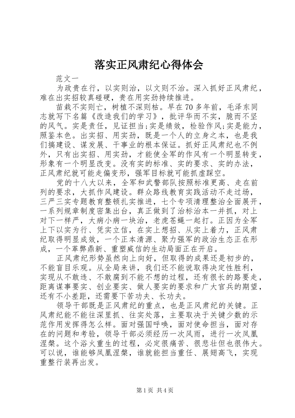 落实正风肃纪心得体会_第1页