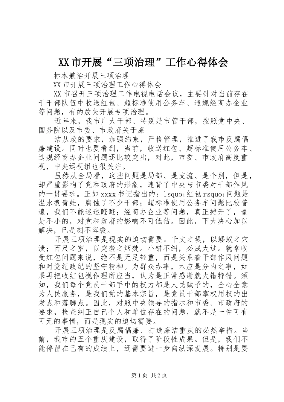 XX市开展“三项治理”工作心得体会_第1页