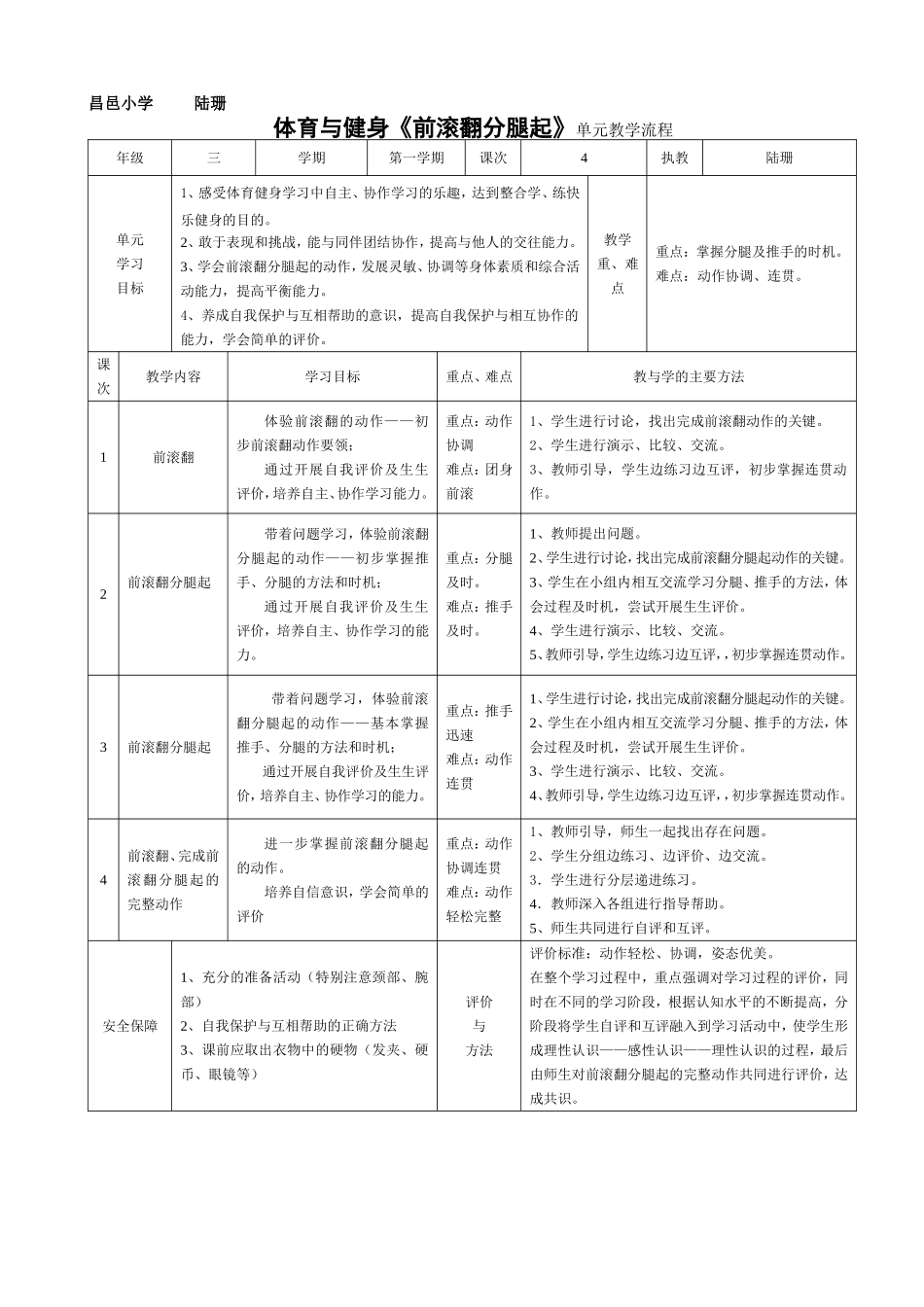 体育与健身《前滚翻分腿起》单元教学流程_第1页