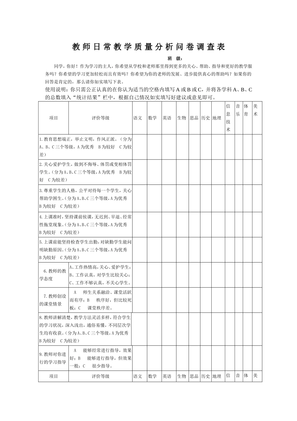 教师教学质量分析问卷调查表_第1页