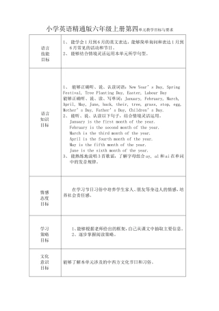 小学英语精通版六年级上册第四单元教学目标与要求