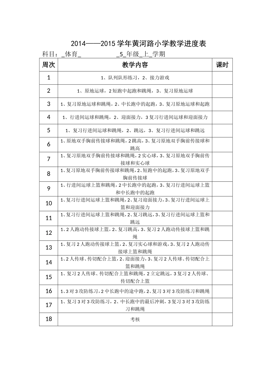 黄河路小学5年级体育教学进度表_第1页