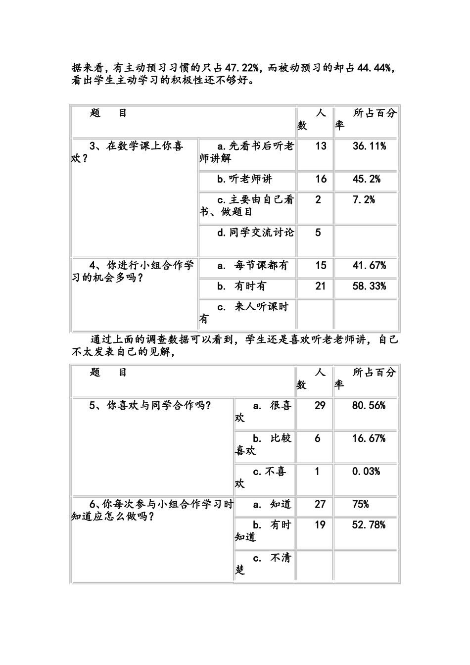 小学生数学探究学习调查问卷及分析报告_第2页