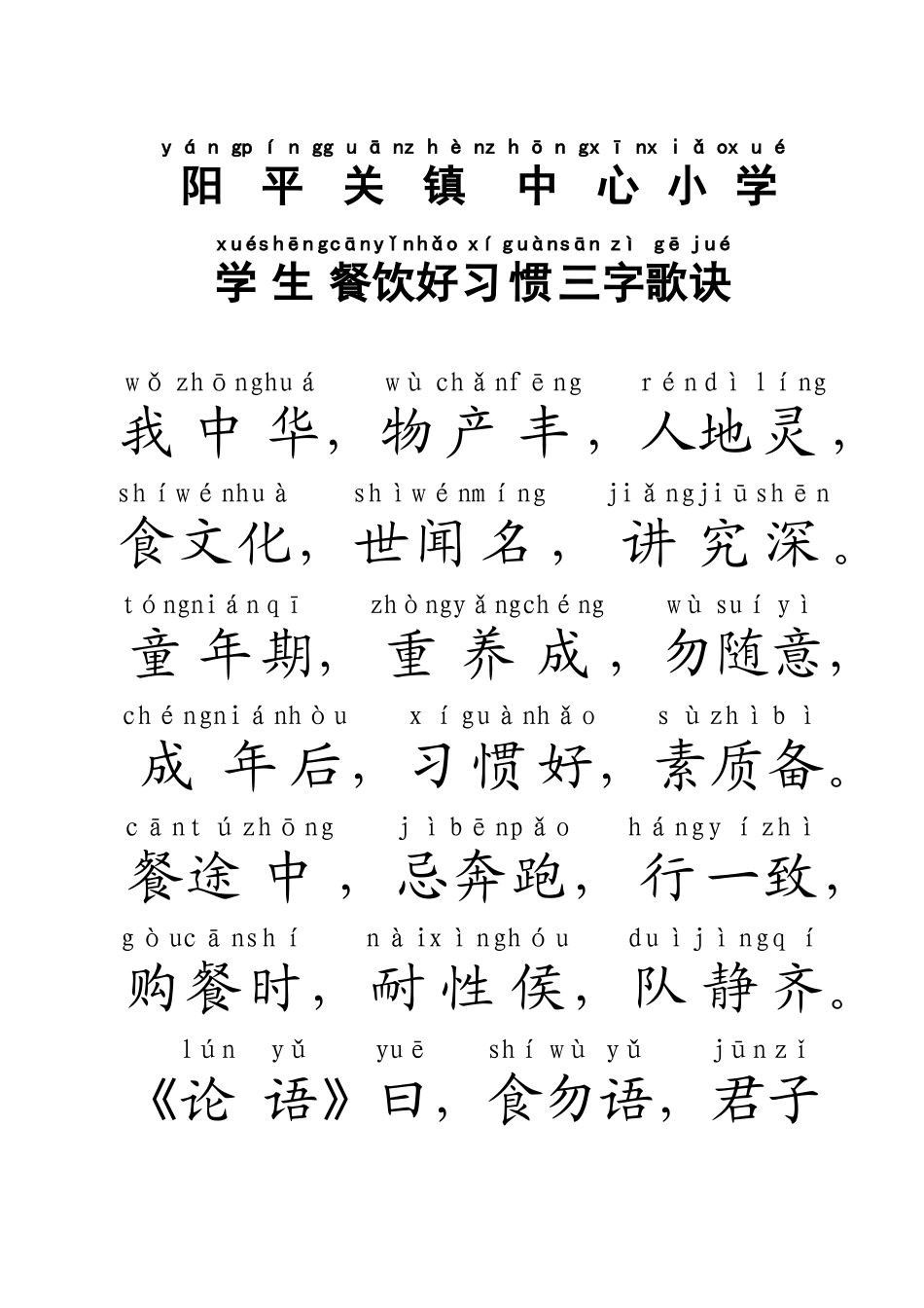 阳小学生餐饮好习惯三字歌诀_第1页