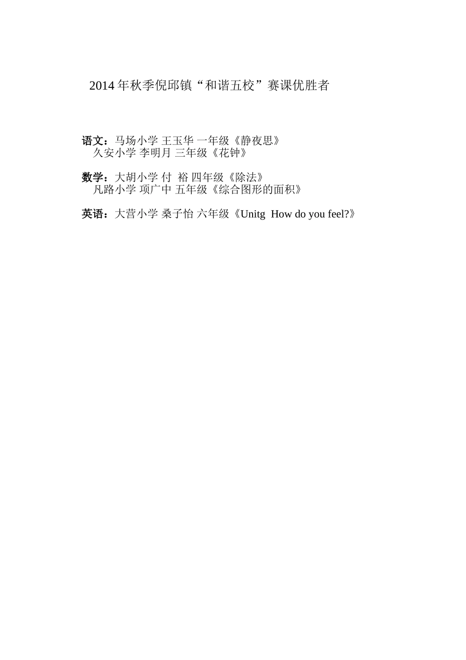 2014年秋季倪邱镇“和谐五校”赛课优胜者_第1页