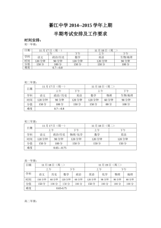 2014-2015学年上期半期考试时间安排