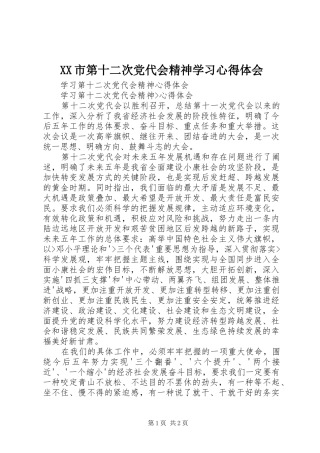 XX市第十二次党代会精神学习心得体会