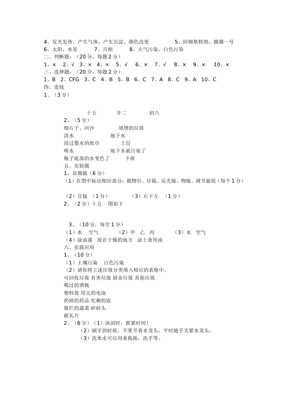 2011年小学科学六年级下册期末考试试卷答案_第3页