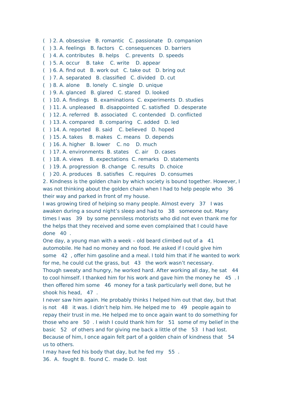 高考英语二轮完形填空专题训练1_第2页