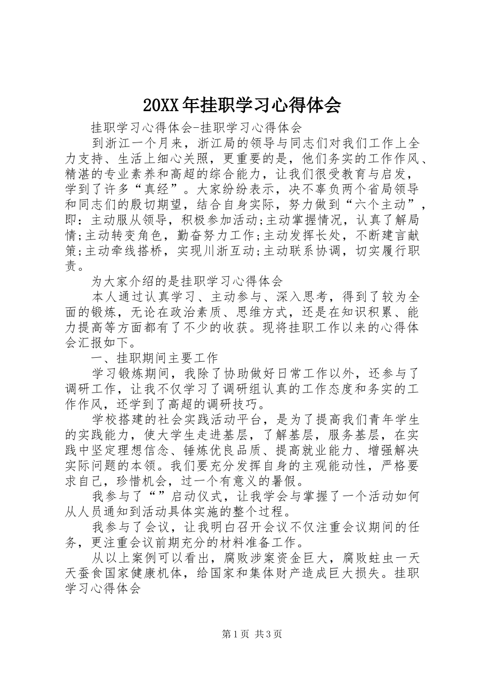 20XX年挂职学习心得体会 (2)_第1页