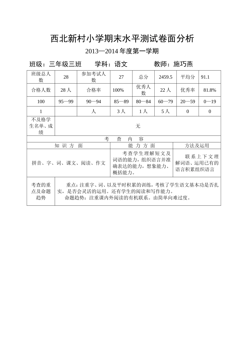 三年级三班2014期末水平测试卷面分析_第1页