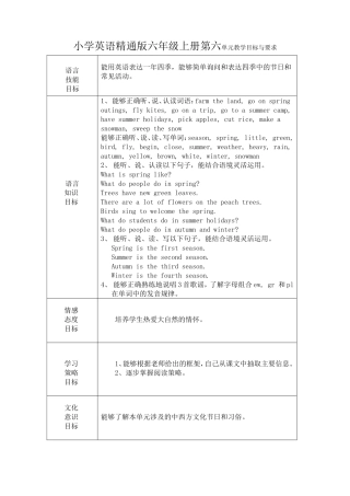 小学英语精通版六年级上册第六单元教学目标与要求