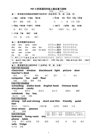 新PEP3四上总复习资料（前面单词xumin字体）