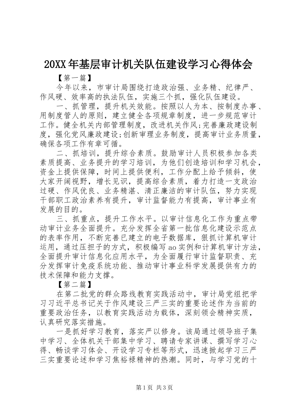 20XX年基层审计机关队伍建设学习心得体会 (3)_第1页