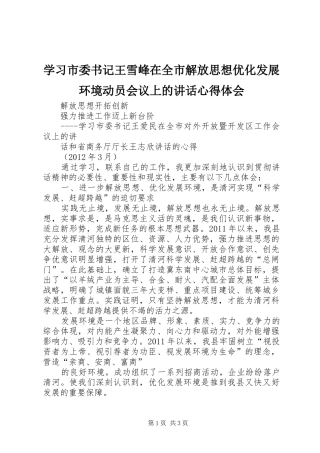学习市委书记王雪峰在全市解放思想优化发展环境动员会议上的讲话心得体会