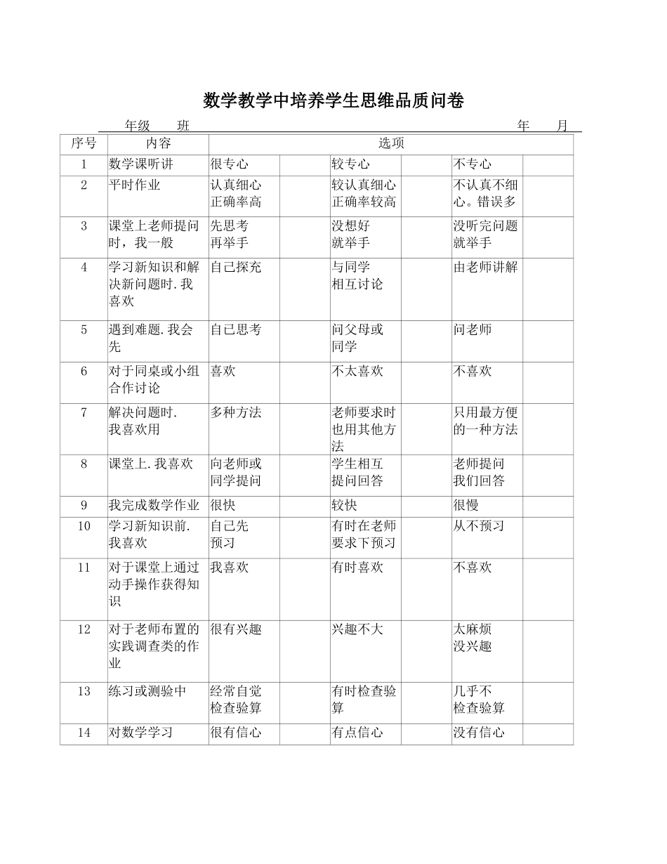 数学教学中培养学生思维品质问卷_第1页