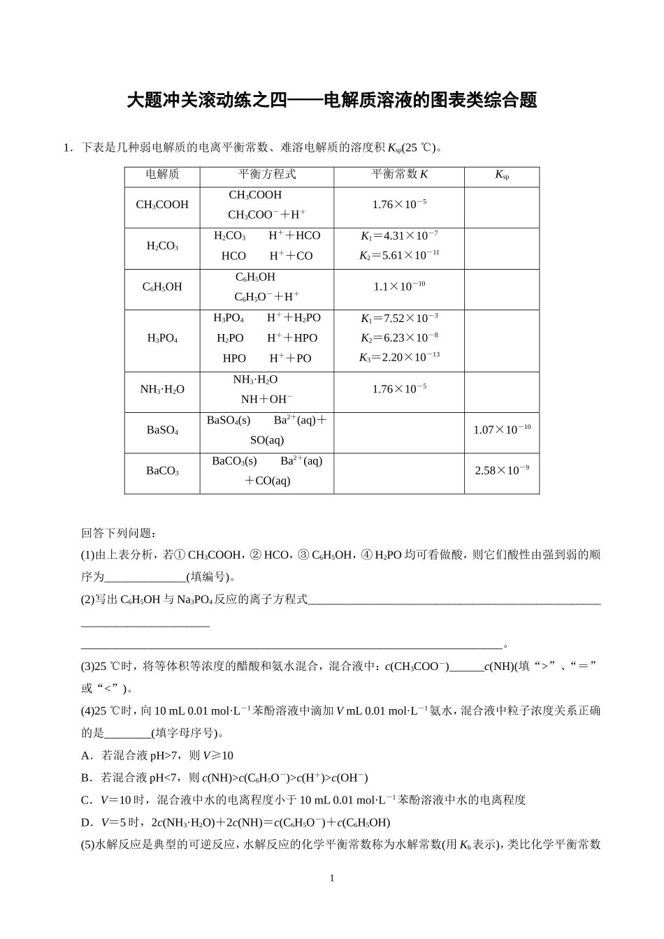 步步高2015届高考化学（新课标通用）一轮复习配套文档：第八章+大题冲关滚动练之四——电解质溶液的图表类综合题_第1页