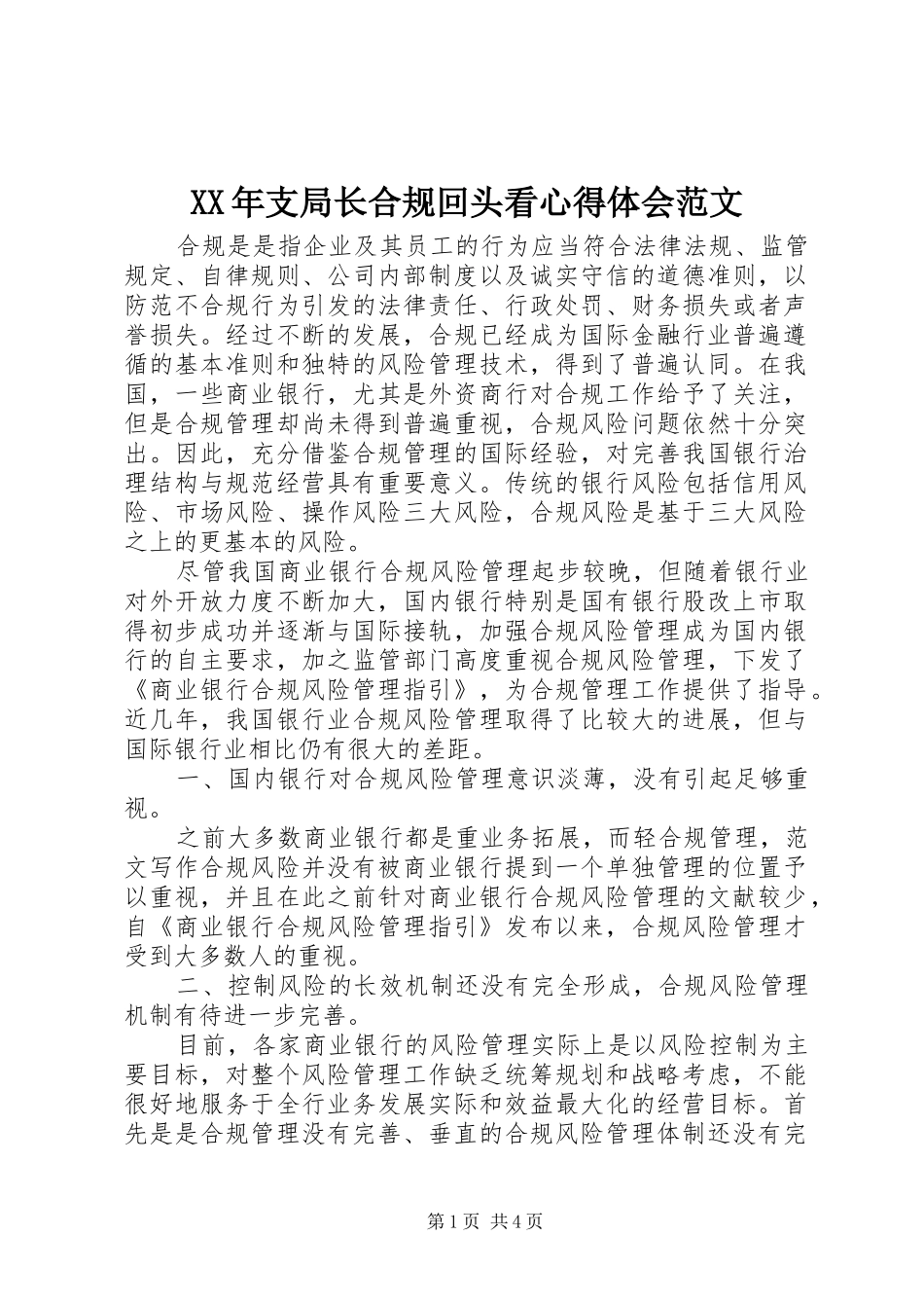 XX年支局长合规回头看心得体会范文_第1页