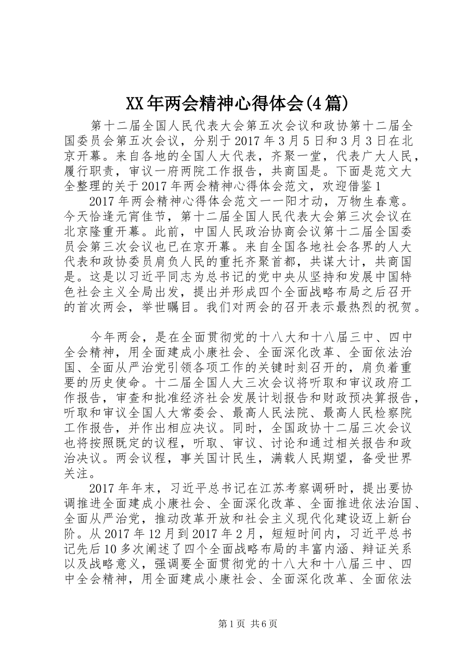 XX年两会精神心得体会(4篇)_第1页