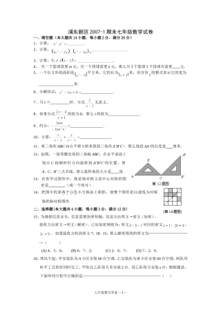浦东新区2007学年度第一学期期末质量抽测七年级数学试卷