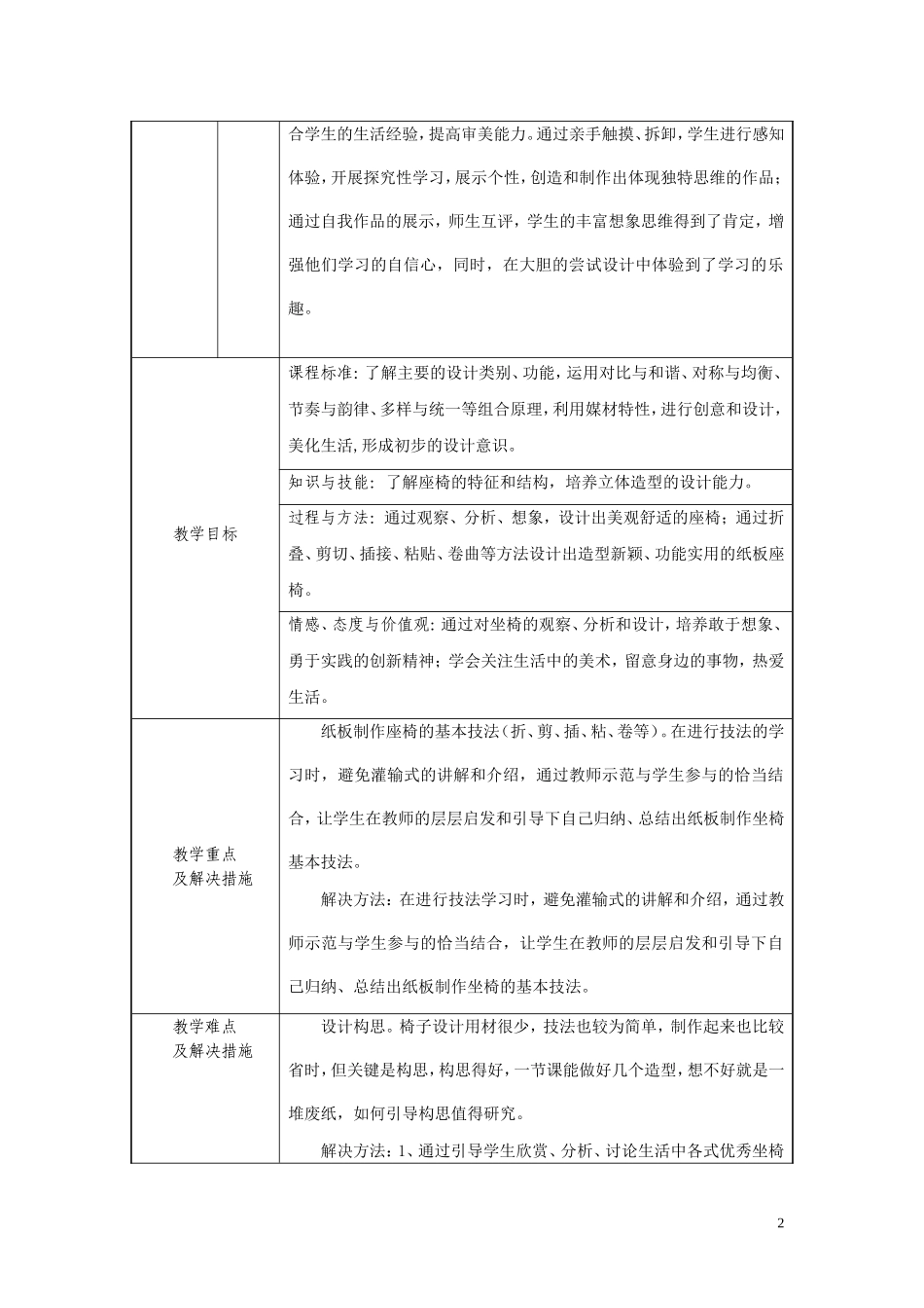 人美版八年级上册第六课纸板的联想---座椅设计教学设计_第2页