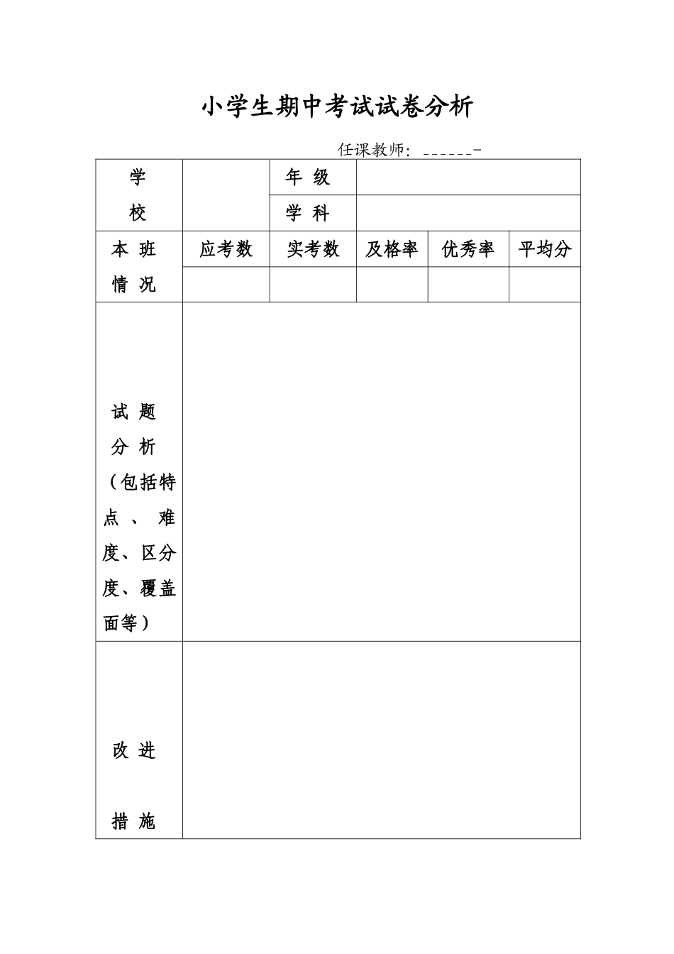 小学生期中考试试卷分析样表_第1页