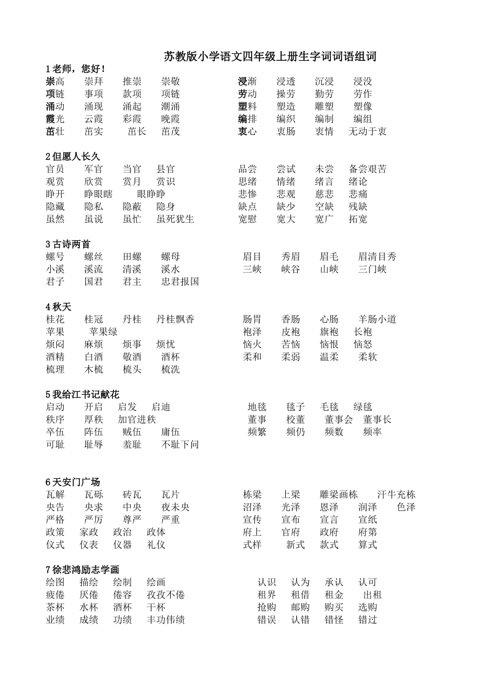 苏教版小学语文四年级上册生字词词语组词_第1页