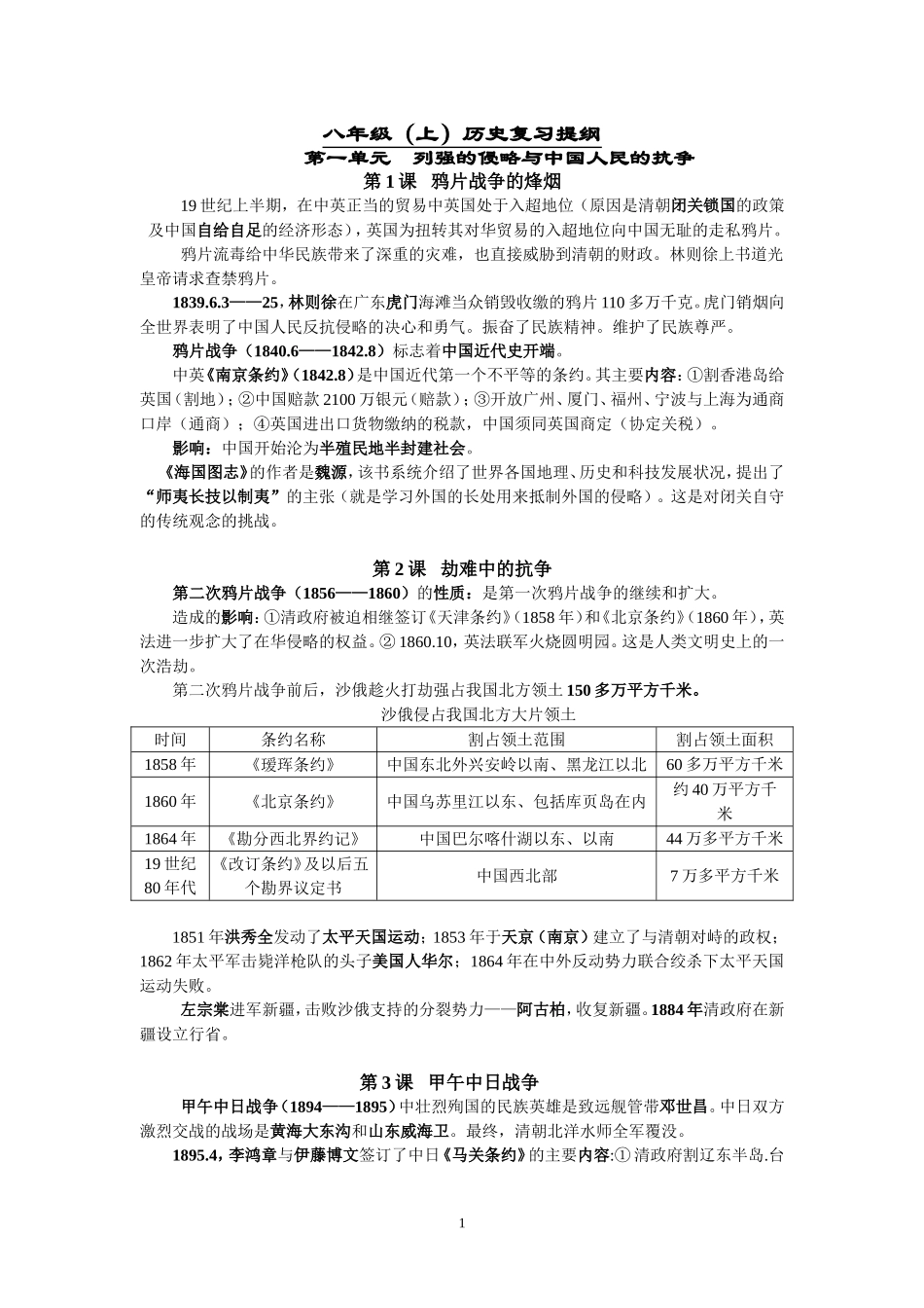 八年级（上）历史提纲_第1页