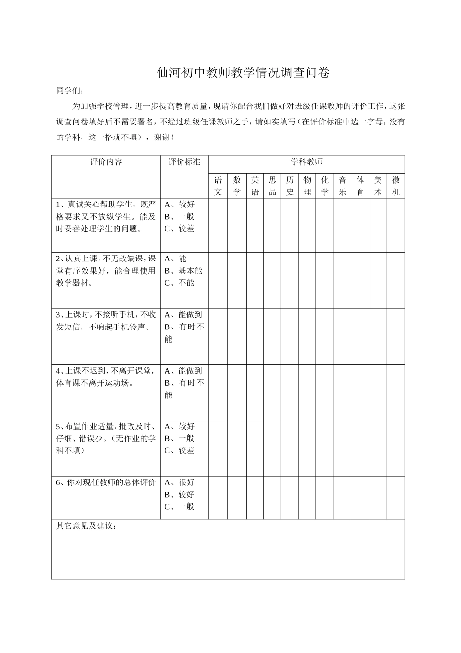 仙河初中教师教学情况调查问卷_第1页