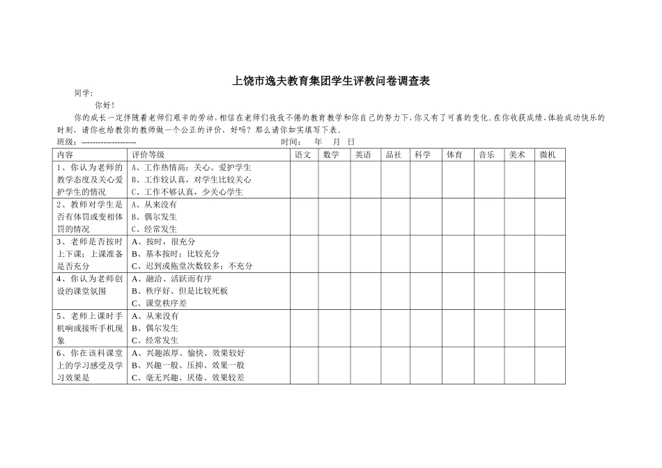 上饶市逸夫教育集团学生评教问卷调查表_第1页