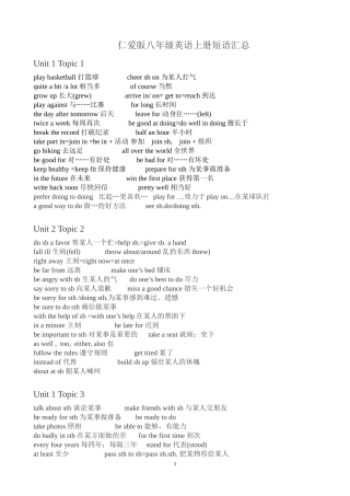 仁爱版八年级英语上册短语汇总