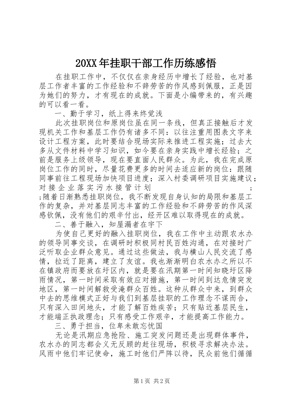 20XX年挂职干部工作历练感悟_第1页