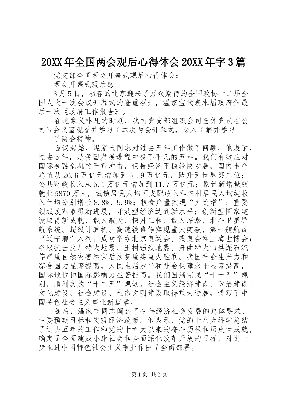 20XX年全国两会观后心得体会20XX年字3篇 (2)_第1页