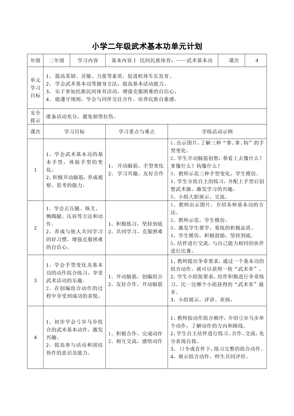 小学二年级武术基本功单元计划_第1页