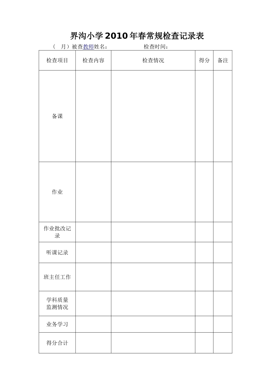 界沟小学2009年春常规检查记录表_第1页
