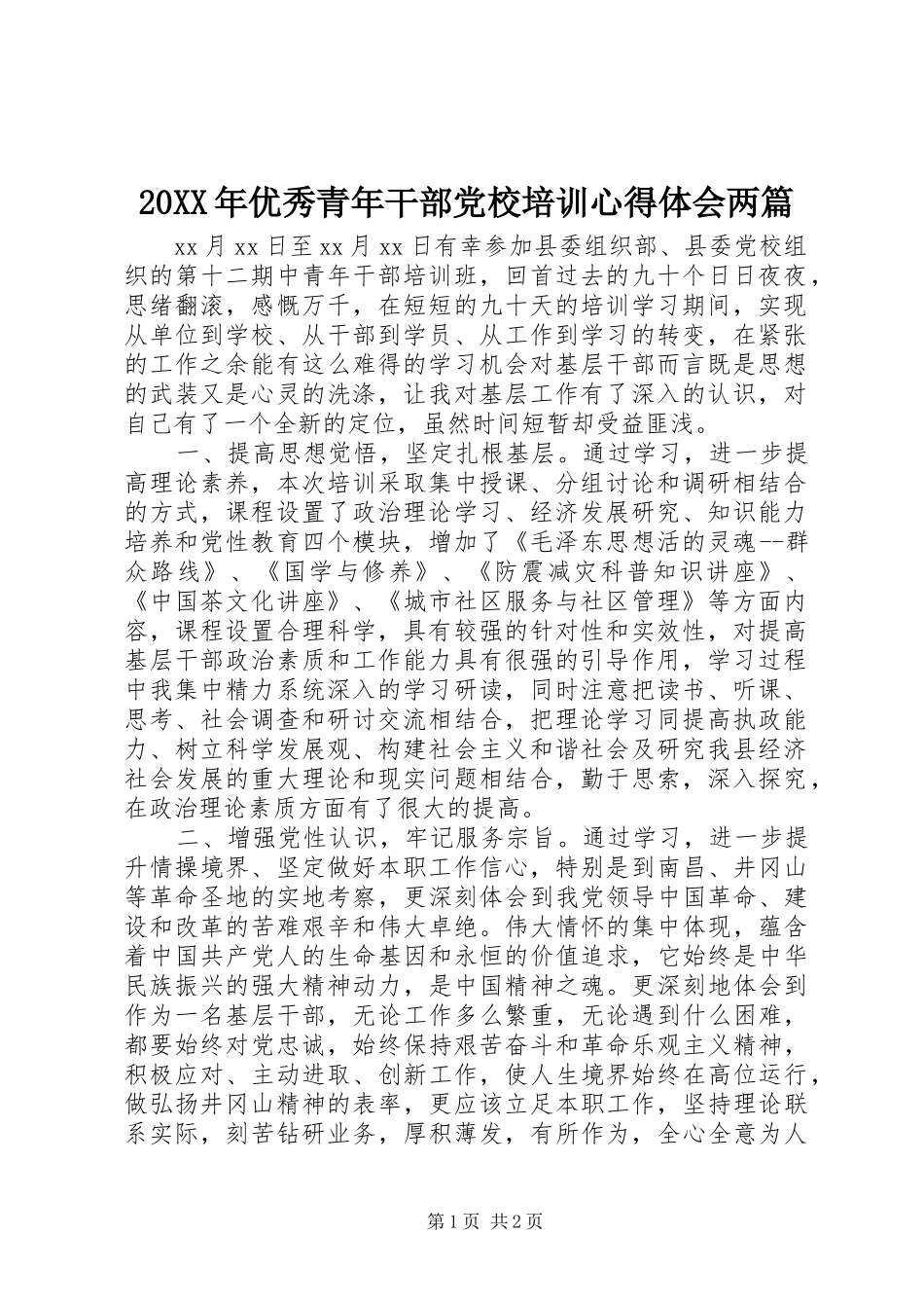 20XX年优秀青年干部党校培训心得体会两篇_2_第1页