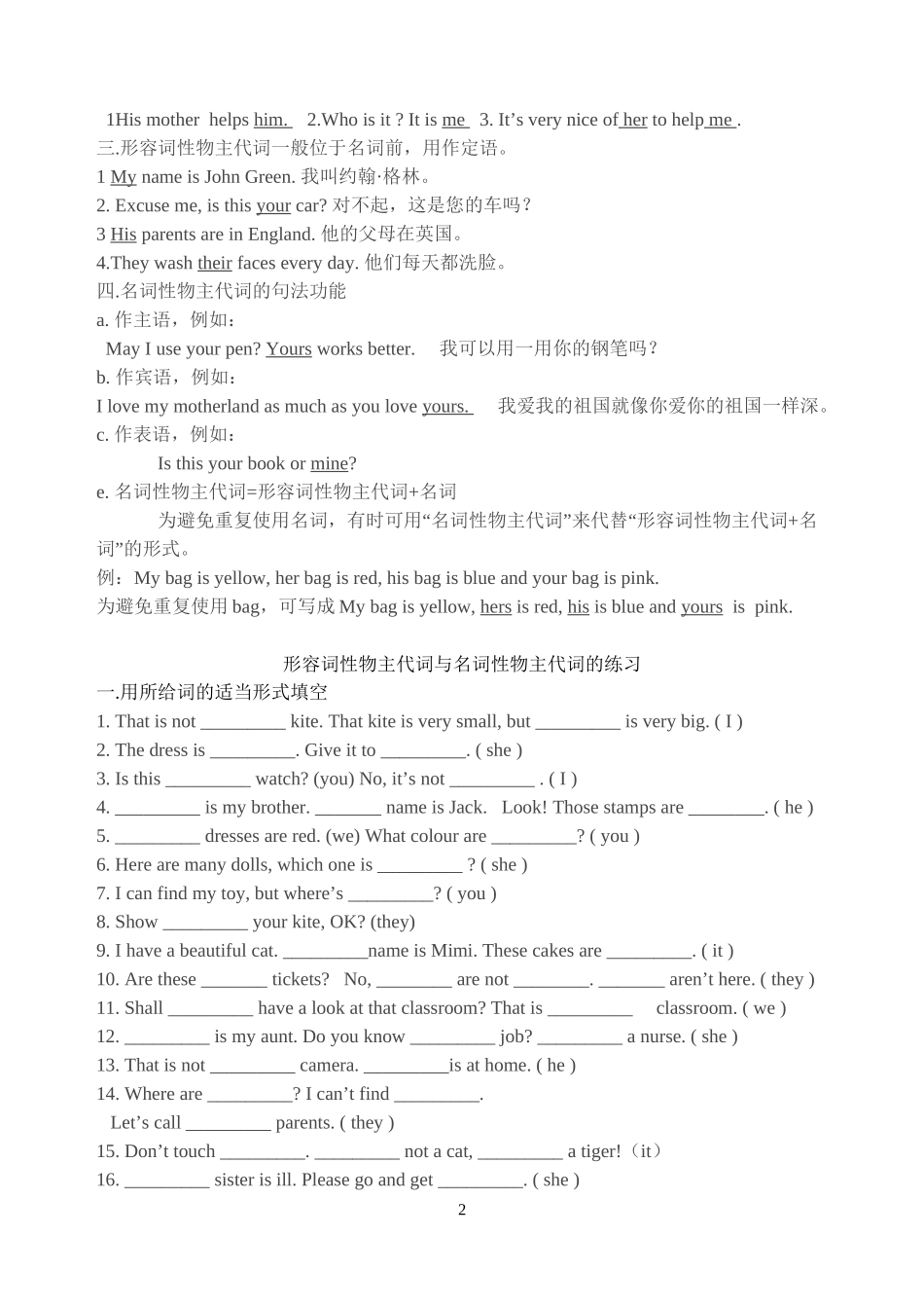 主格宾格形容词性物主代词名词性物主代词_第2页