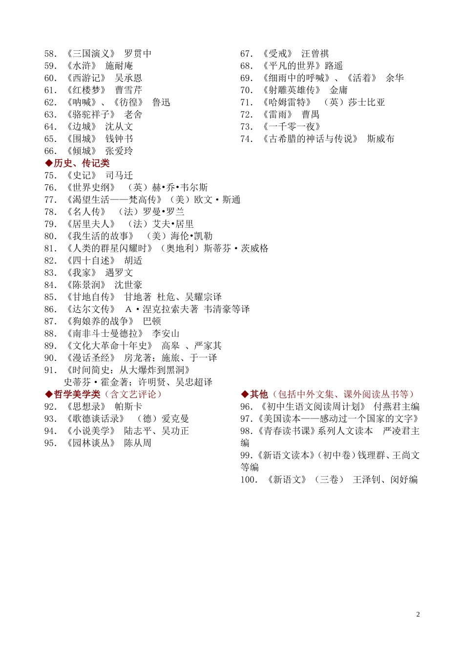 中学生课外阅读推荐书目100种_第2页