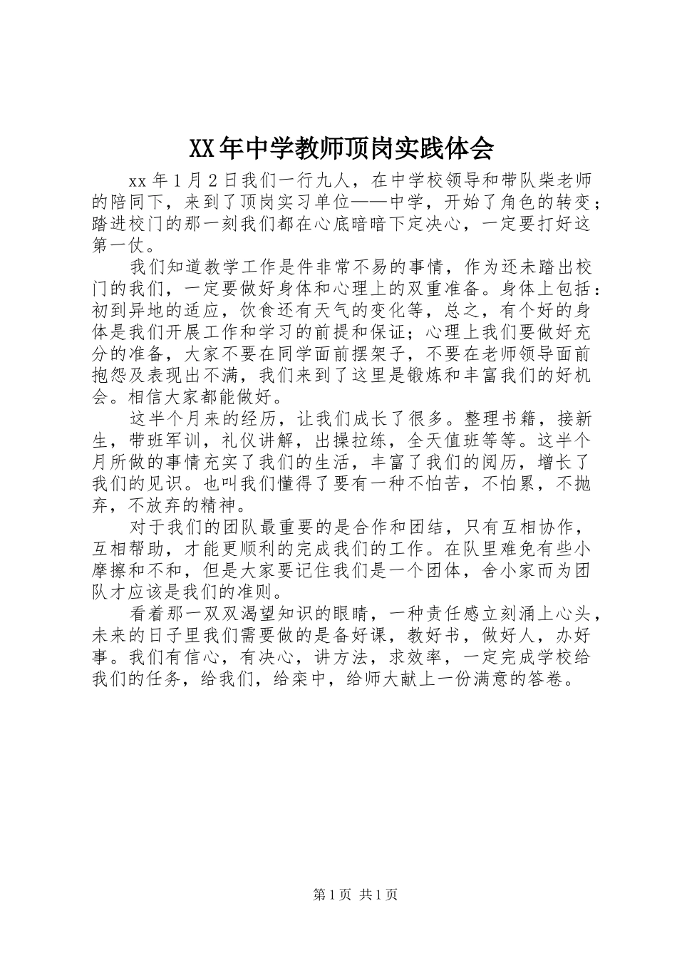 XX年中学教师顶岗实践体会_第1页