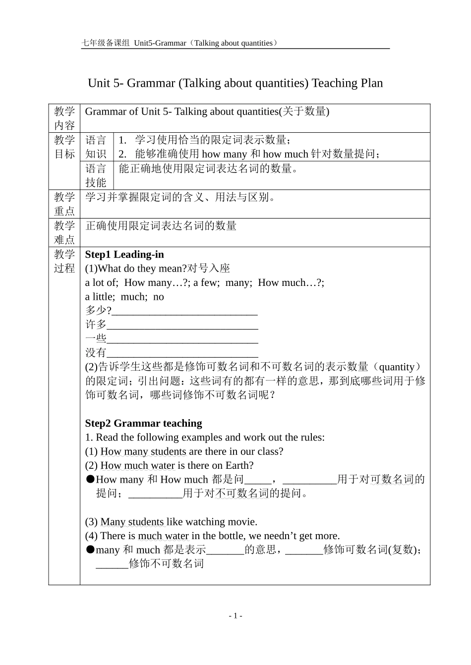 教学设计Grammar(Talkingaboutquantities)TeachingPlan_第1页